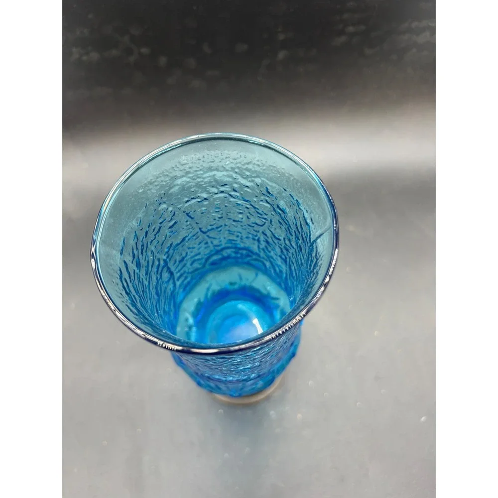 Vintage Blue Bark Textured Glass Hurricane Sconce Bronze Pedestal Base 8.25 Inch